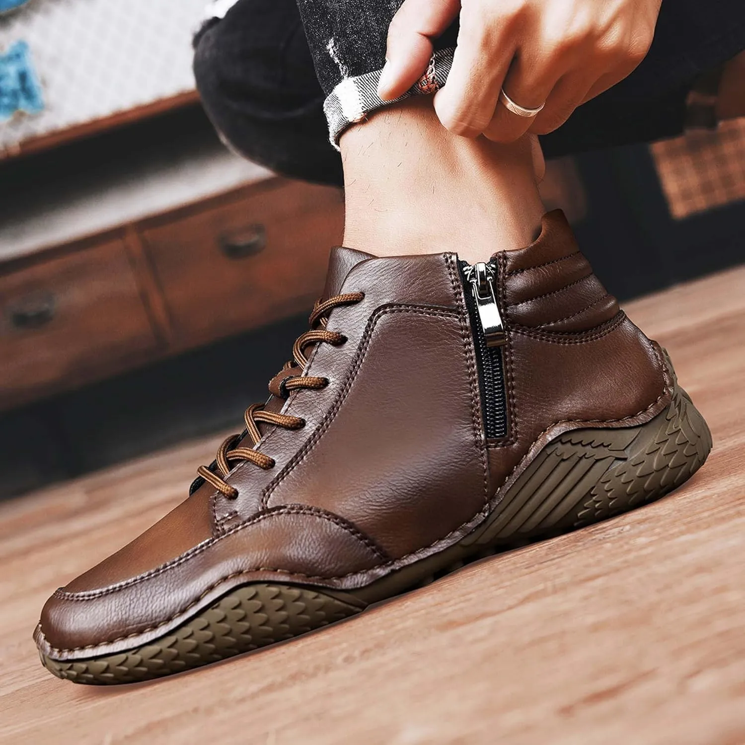 Mens Premium Fashion Cowhide Leather Casual Sneakers,Men's Hiking Shoes,Men's Outdoor Mid-top Casual Shoes,Non-Slip and Wear-Resistant,Suitable for All Seasons