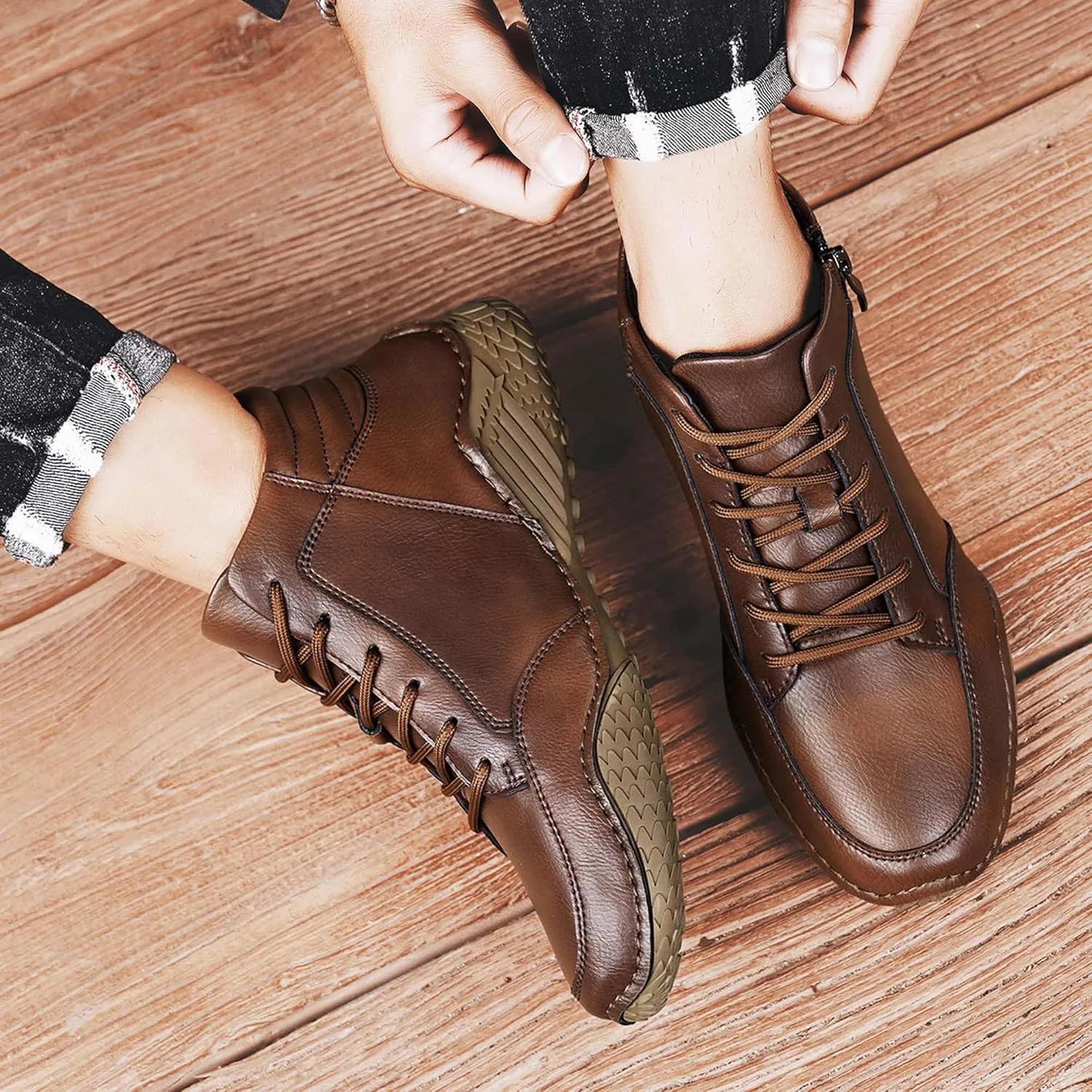 Mens Premium Fashion Cowhide Leather Casual Sneakers,Men's Hiking Shoes,Men's Outdoor Mid-top Casual Shoes,Non-Slip and Wear-Resistant,Suitable for All Seasons