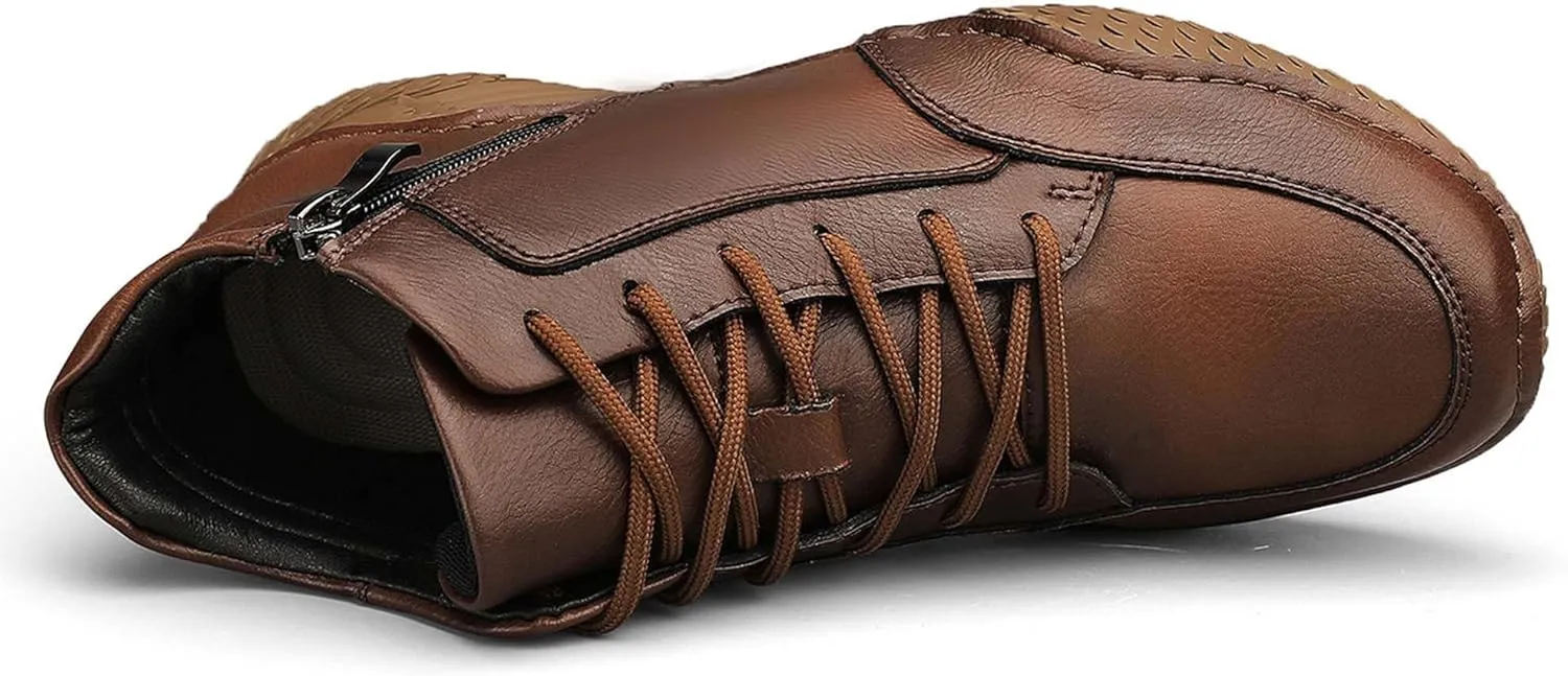 Mens Premium Fashion Cowhide Leather Casual Sneakers,Men's Hiking Shoes,Men's Outdoor Mid-top Casual Shoes,Non-Slip and Wear-Resistant,Suitable for All Seasons