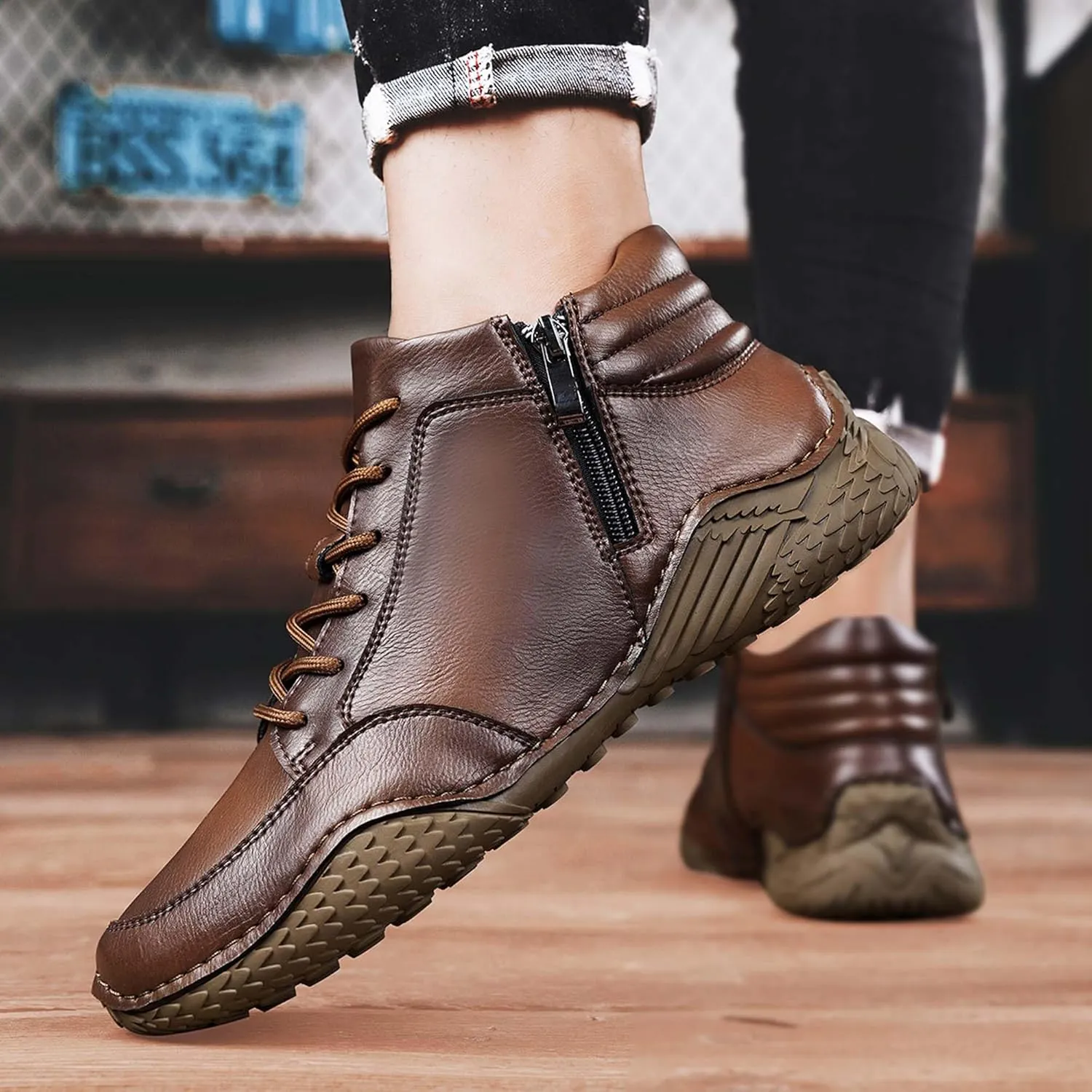 Mens Premium Fashion Cowhide Leather Casual Sneakers,Men's Hiking Shoes,Men's Outdoor Mid-top Casual Shoes,Non-Slip and Wear-Resistant,Suitable for All Seasons