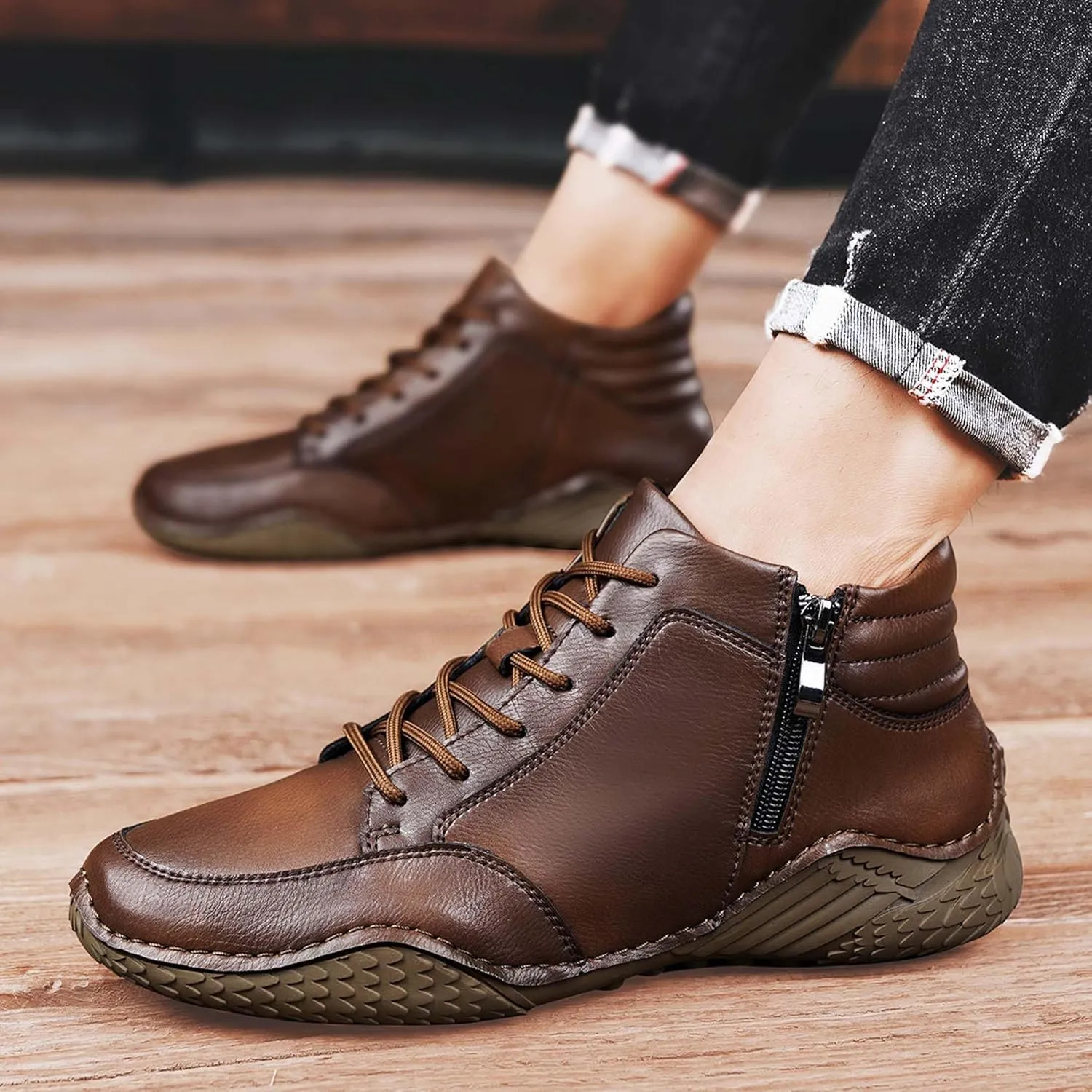 Mens Premium Fashion Cowhide Leather Casual Sneakers,Men's Hiking Shoes,Men's Outdoor Mid-top Casual Shoes,Non-Slip and Wear-Resistant,Suitable for All Seasons
