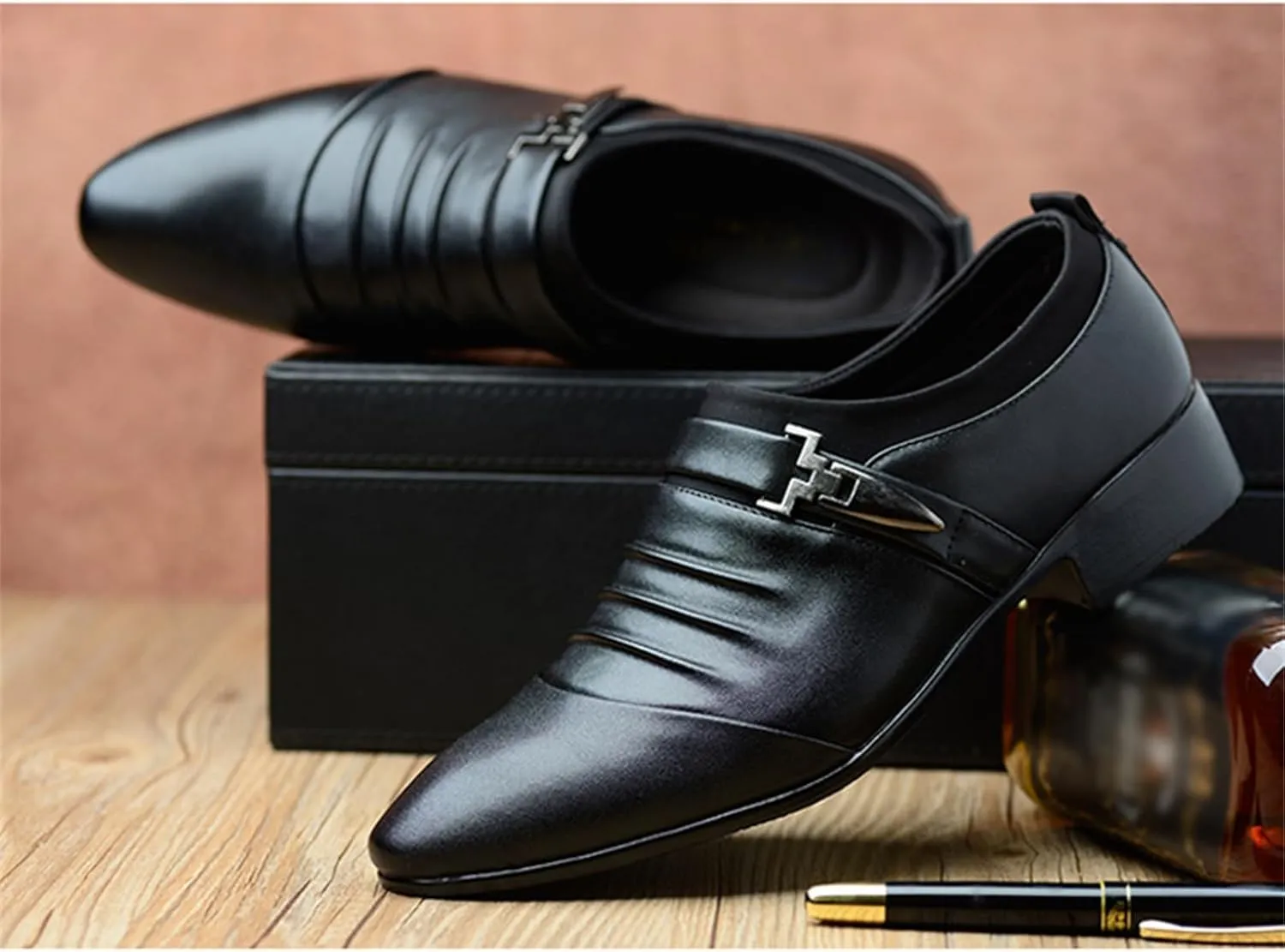 Men's Strap Buckle Slip-on Dress Loafers Shoes Formal Tuxedo Leather Shoes for Male Business Work Office