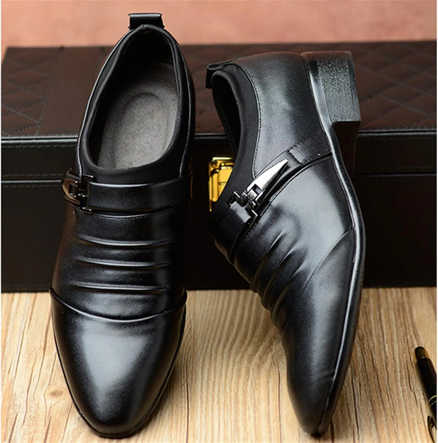 Men's Strap Buckle Slip-on Dress Loafers Shoes Formal Tuxedo Leather Shoes for Male Business Work Office