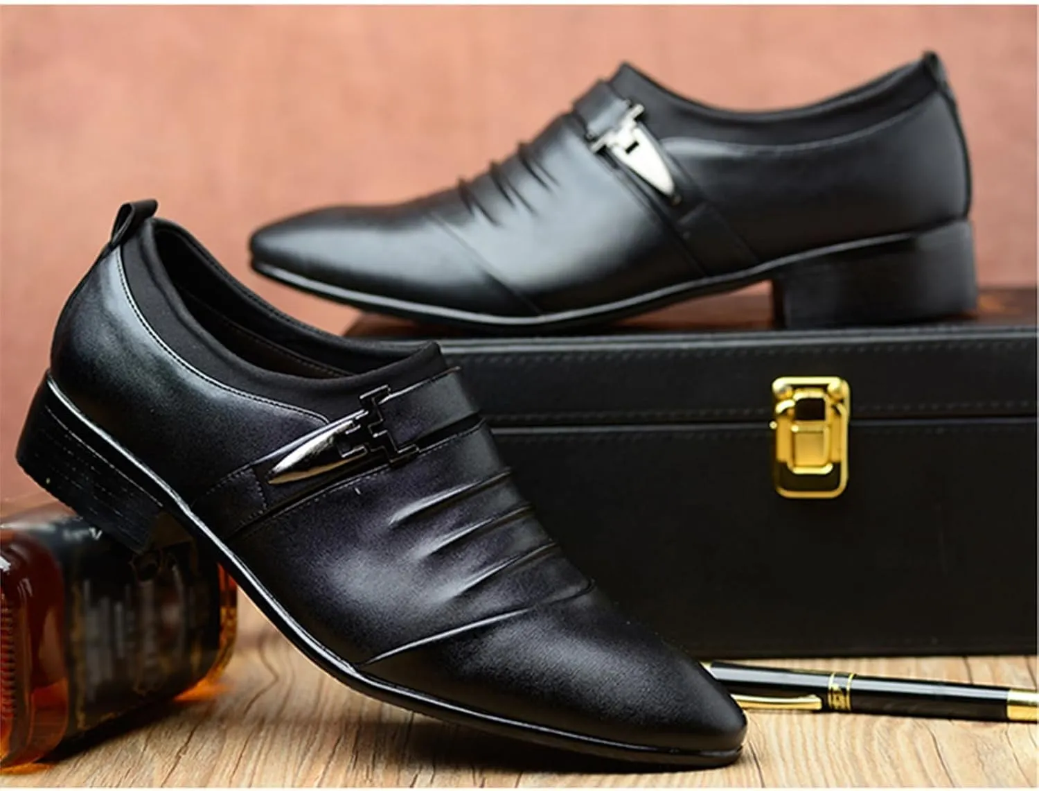 Men's Strap Buckle Slip-on Dress Loafers Shoes Formal Tuxedo Leather Shoes for Male Business Work Office