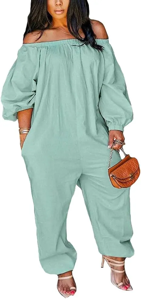 MESLIMA Women's Loose Fit Elastic Off Shoulder Beam Foot Long Sleeve Jumpsuit Rompers with Pockets Plus Size