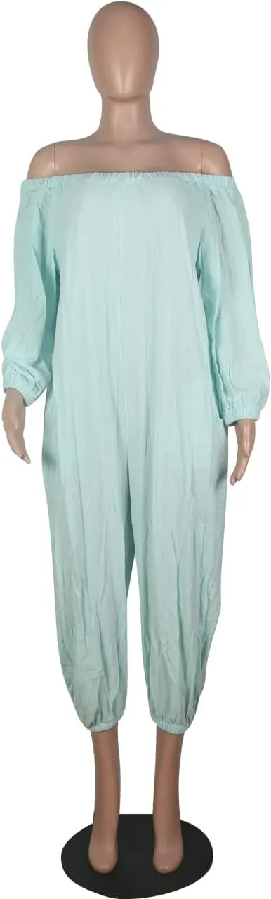 MESLIMA Women's Loose Fit Elastic Off Shoulder Beam Foot Long Sleeve Jumpsuit Rompers with Pockets Plus Size