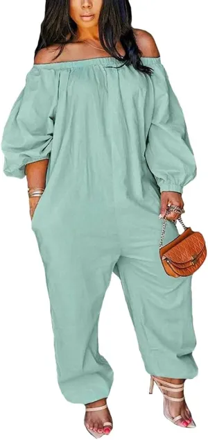 MESLIMA Women's Loose Fit Elastic Off Shoulder Beam Foot Long Sleeve Jumpsuit Rompers with Pockets Plus Size