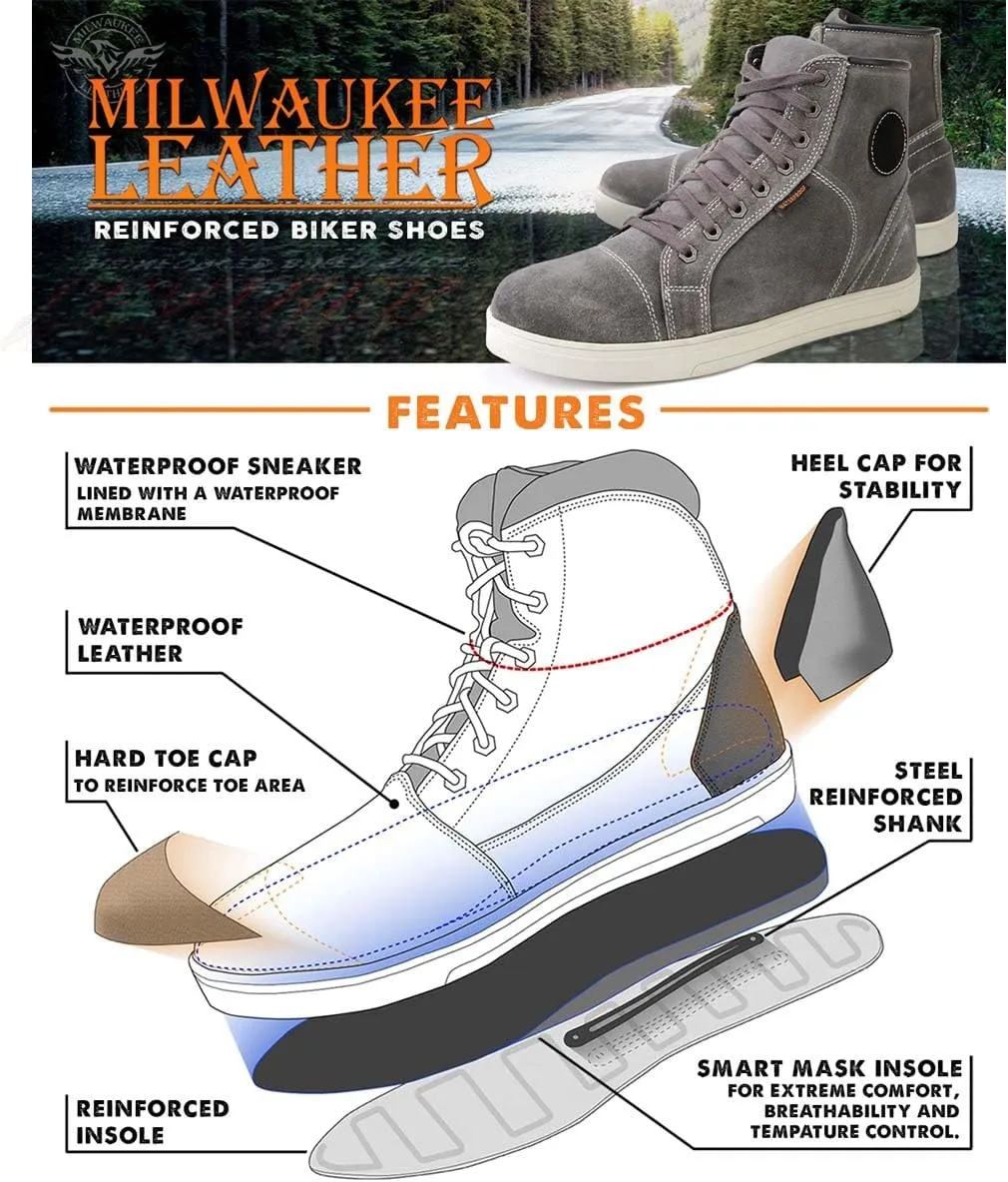 Milwaukee Leather MBM9109 Men's Grey Suede Leather Reinforced Street Riding Waterproof Shoes w/Ankle Support - 12
