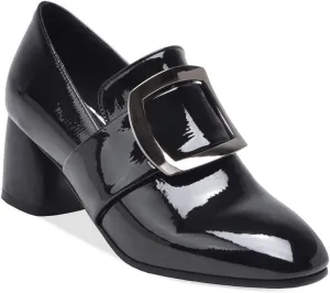 MIOKE Women's Square Toe Buckle Pump Penny Loafer Patent Leather Slip On Block Mid Heel Classic Oxford Shoes