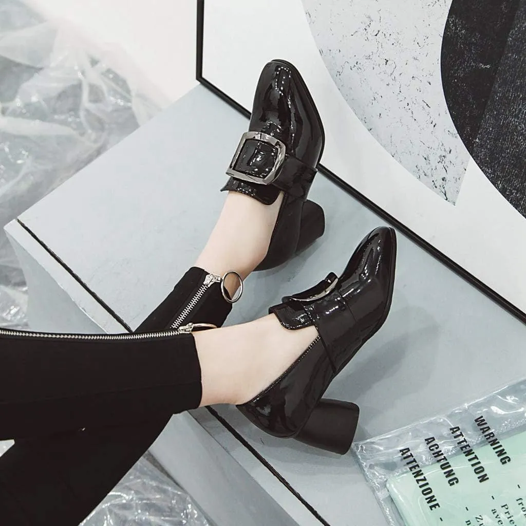 MIOKE Women's Square Toe Buckle Pump Penny Loafer Patent Leather Slip On Block Mid Heel Classic Oxford Shoes
