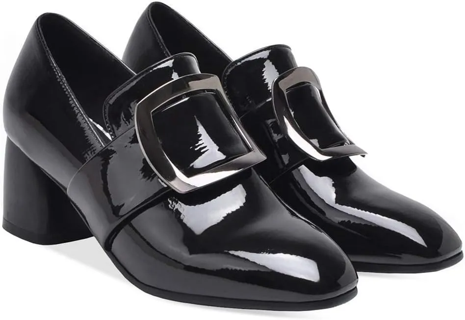 MIOKE Women's Square Toe Buckle Pump Penny Loafer Patent Leather Slip On Block Mid Heel Classic Oxford Shoes