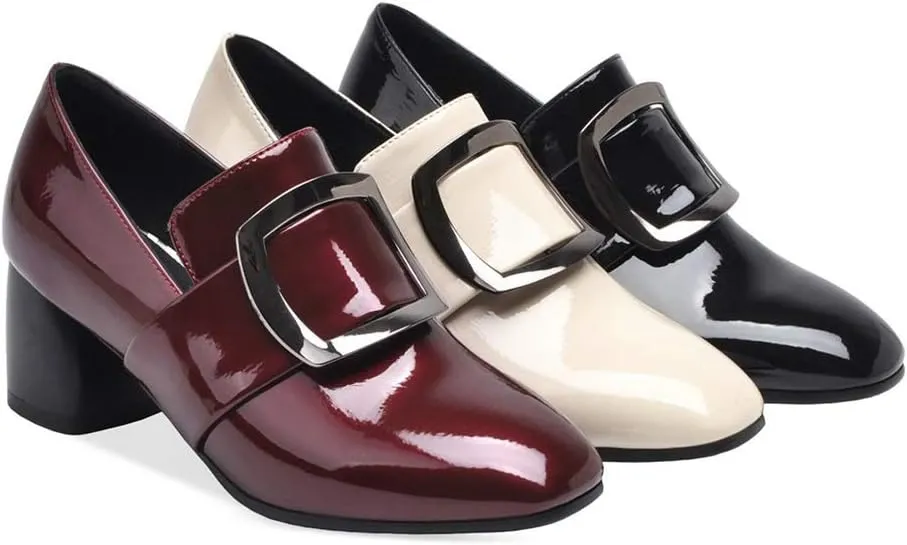 MIOKE Women's Square Toe Buckle Pump Penny Loafer Patent Leather Slip On Block Mid Heel Classic Oxford Shoes