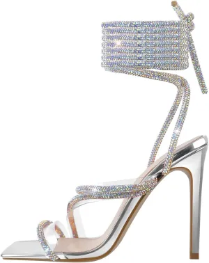MissHeel Iridescent Silver Lace Up Rhinestone High Heel Sandals