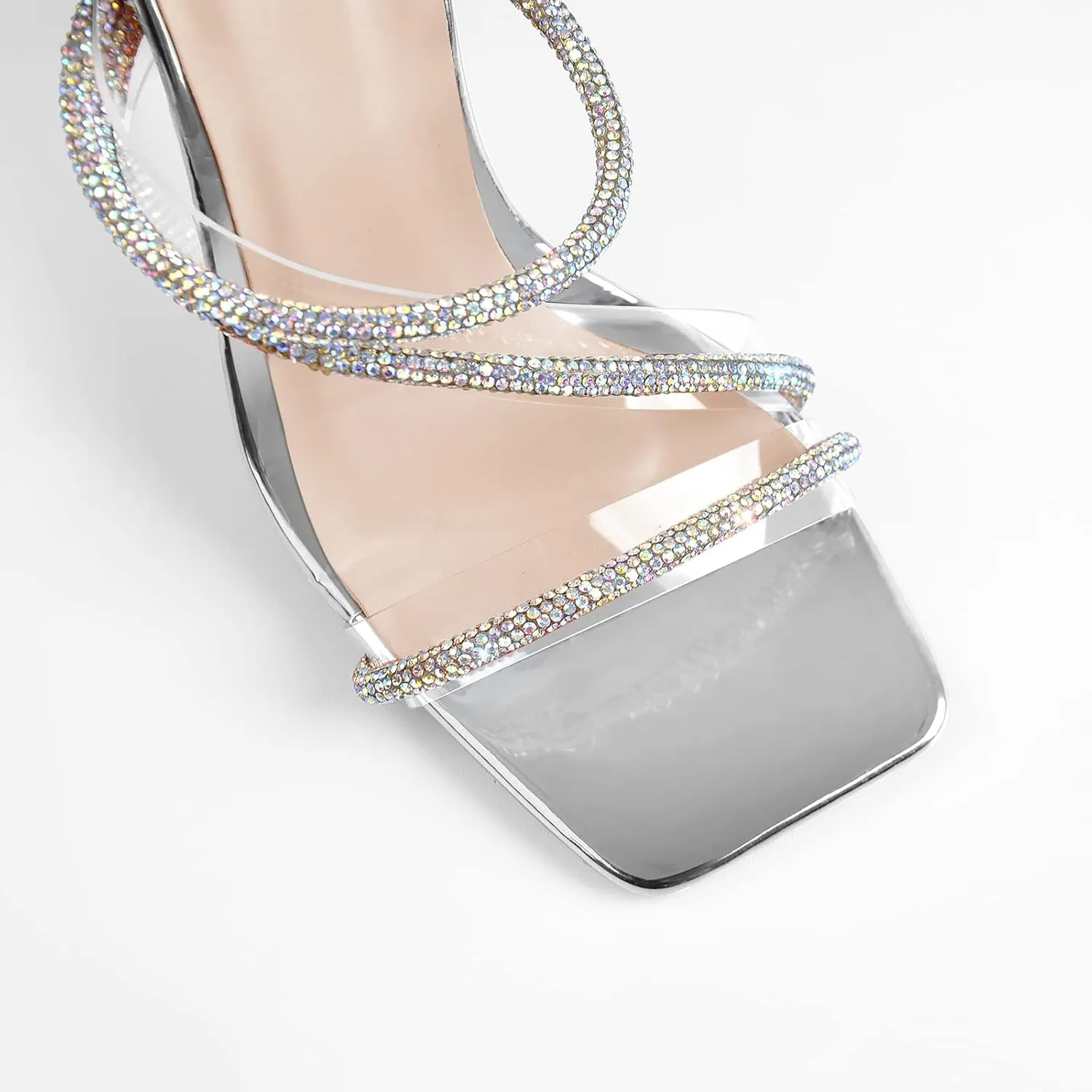 MissHeel Iridescent Silver Lace Up Rhinestone High Heel Sandals