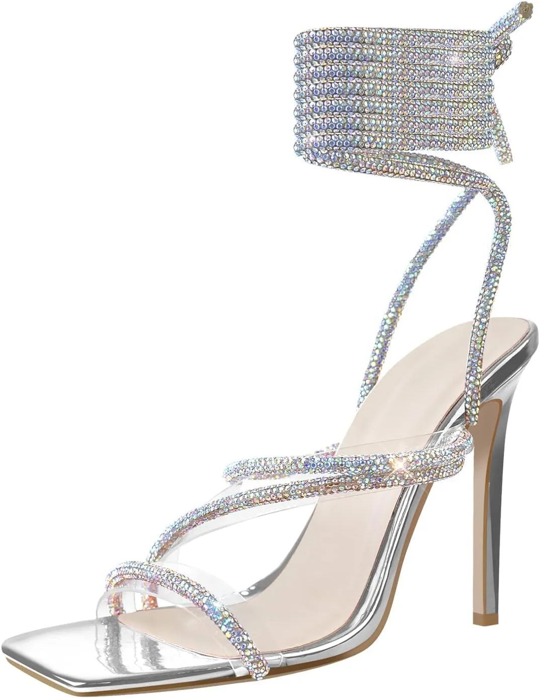 MissHeel Iridescent Silver Lace Up Rhinestone High Heel Sandals