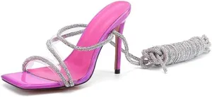 MissHeel Lace Up Rhinestone High Heel Sandals Suqare Toe