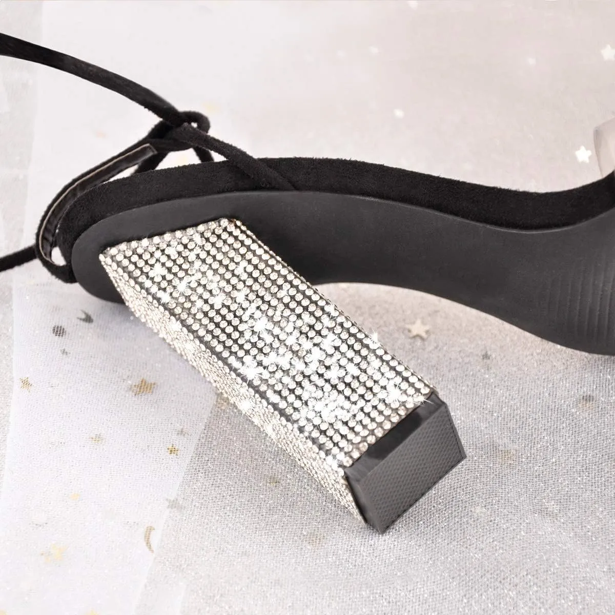 MissHeel Rhinestone Chunky Heel Sandals Lace Up