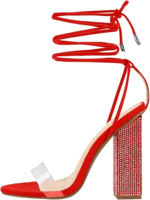 MissHeel Rhinestone Chunky Heel Sandals Lace Up