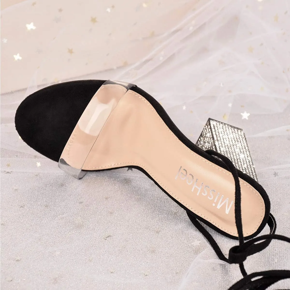MissHeel Rhinestone Chunky Heel Sandals Lace Up
