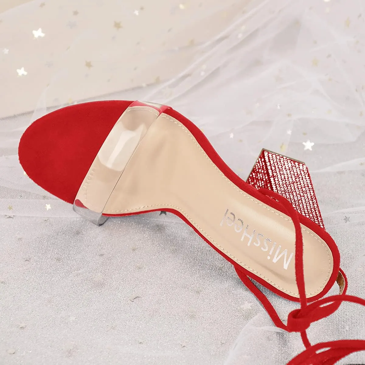 MissHeel Rhinestone Chunky Heel Sandals Lace Up