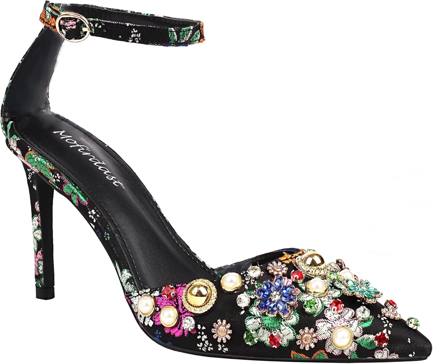 Mofirdast Womens Ankle Strap Colorful Rhinestones Heels Floral Print Embroidery Pumps Sandals Wedding Daily Dressy Prom Party Shoes