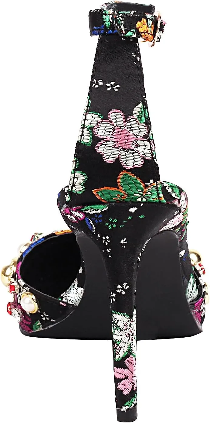 Mofirdast Womens Ankle Strap Colorful Rhinestones Heels Floral Print Embroidery Pumps Sandals Wedding Daily Dressy Prom Party Shoes
