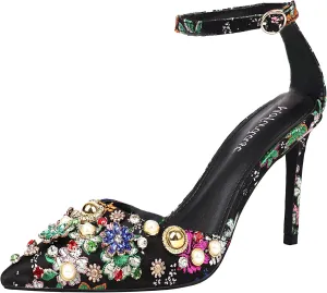 Mofirdast Womens Ankle Strap Colorful Rhinestones Heels Floral Print Embroidery Pumps Sandals Wedding Daily Dressy Prom Party Shoes