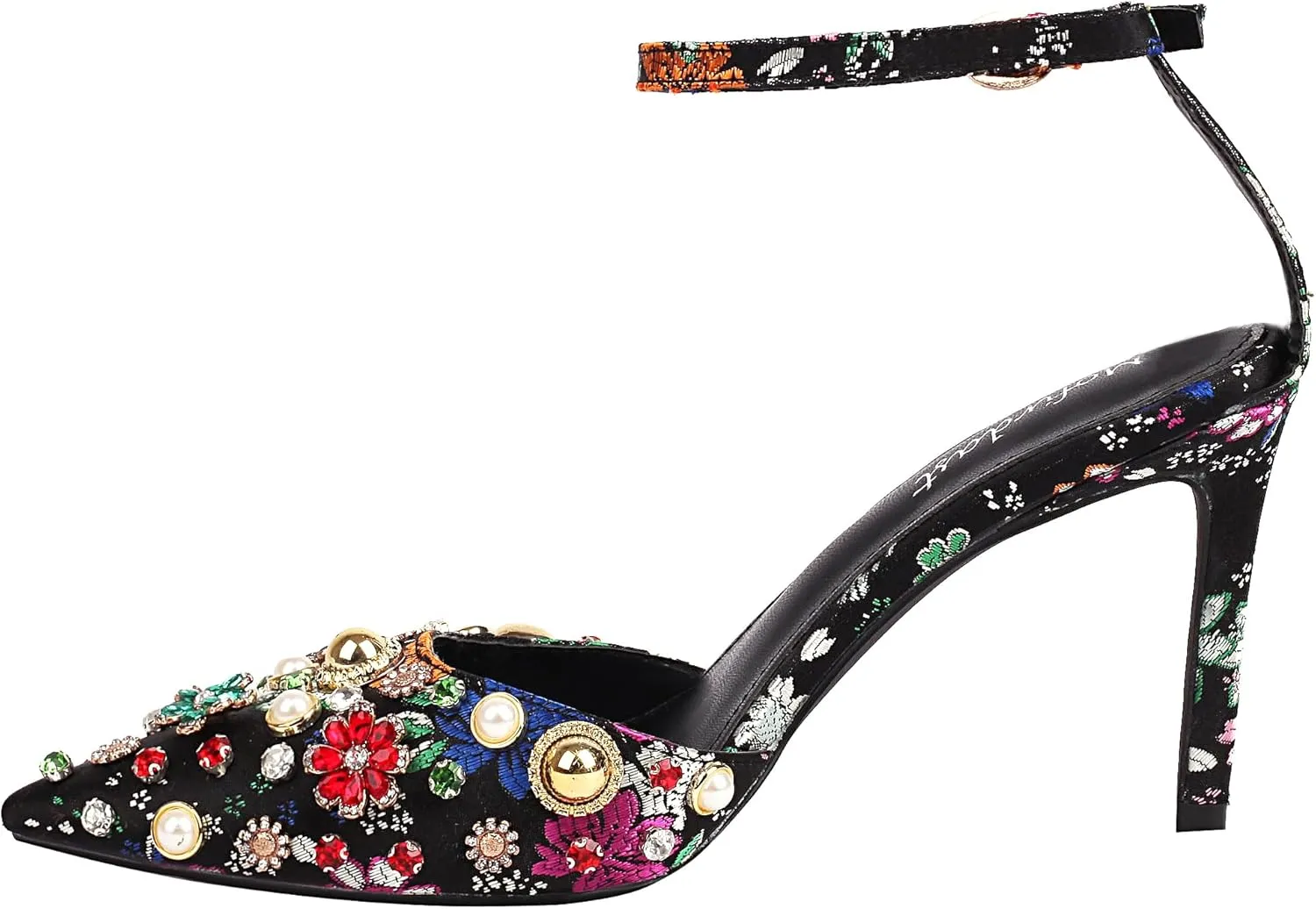 Mofirdast Womens Ankle Strap Colorful Rhinestones Heels Floral Print Embroidery Pumps Sandals Wedding Daily Dressy Prom Party Shoes