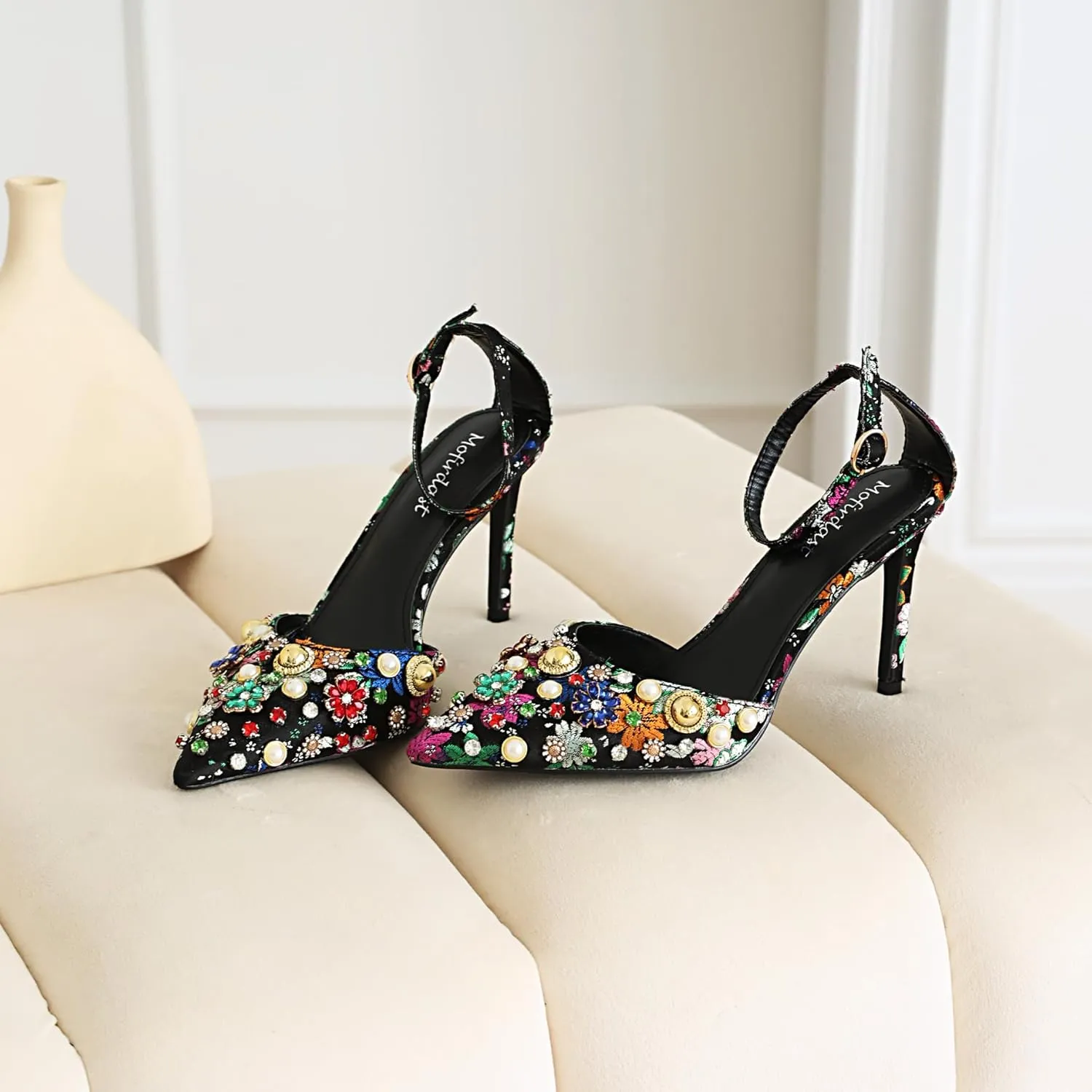 Mofirdast Womens Ankle Strap Colorful Rhinestones Heels Floral Print Embroidery Pumps Sandals Wedding Daily Dressy Prom Party Shoes