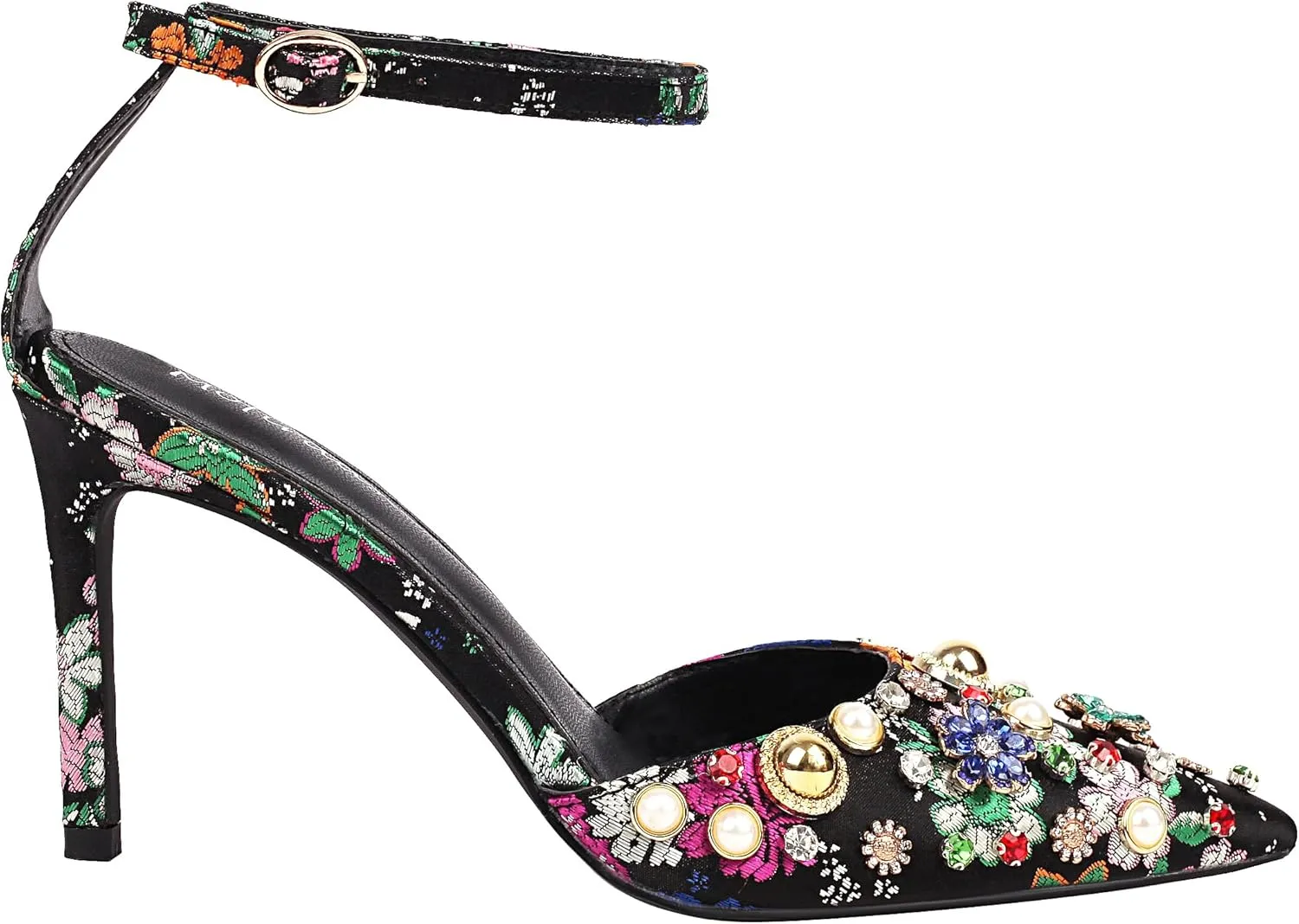 Mofirdast Womens Ankle Strap Colorful Rhinestones Heels Floral Print Embroidery Pumps Sandals Wedding Daily Dressy Prom Party Shoes