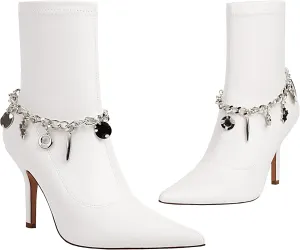 Mofirdast Women's Metal Chain Ankle Boots Sexy Stiletto High Heel Pointed Toe Zipper Party Booties Mid Calf Boots for Women