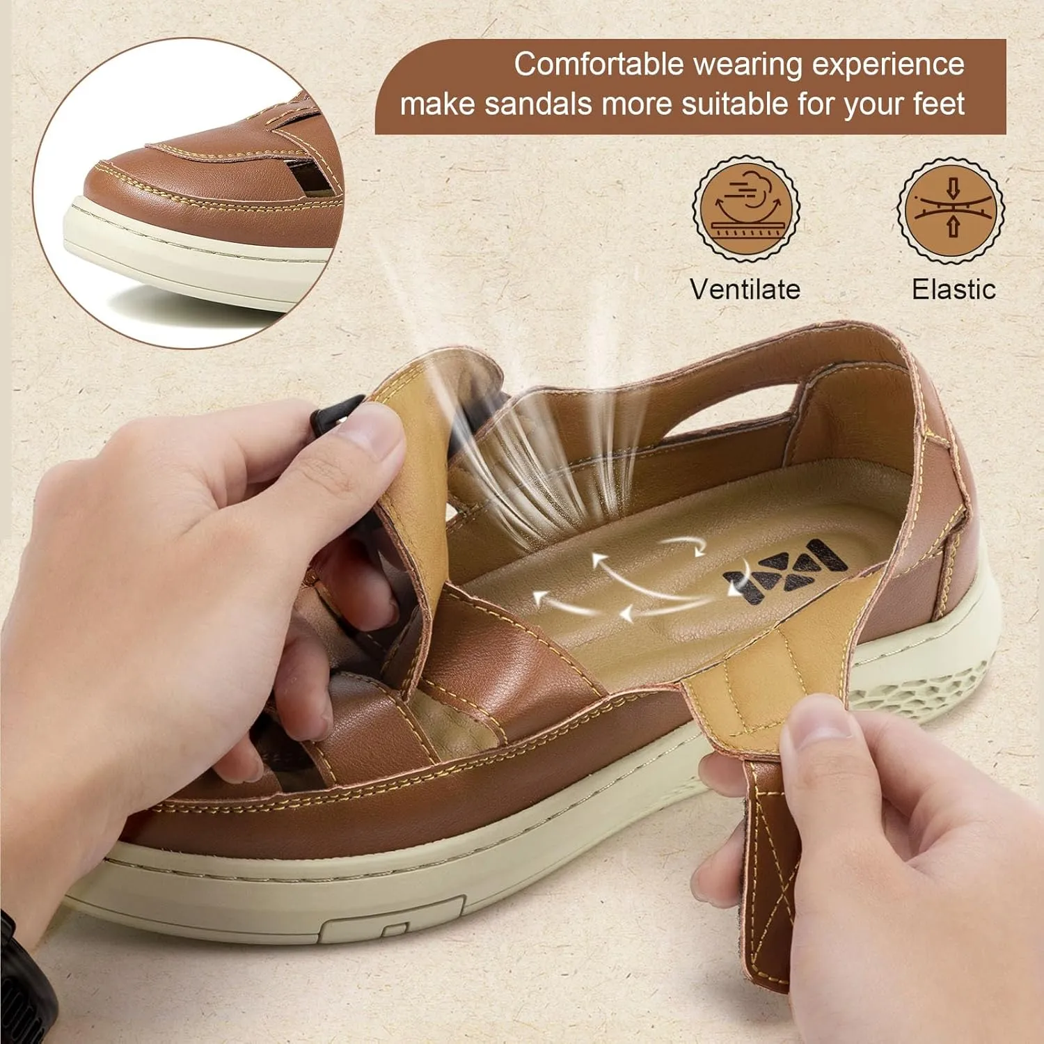 Moodeng Men's Sandals Causal Leather Sandals Outdoor Sport Sandals Lightweight Arch Support Walking Loafers