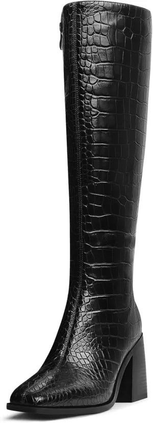 MUCCCUTE Black Knee High Boots for Women - Faux Crocodile Boots Chunky Heel Square Toe Tall Boots Side Zipper GoGo Long Boot Pull On US Size 6