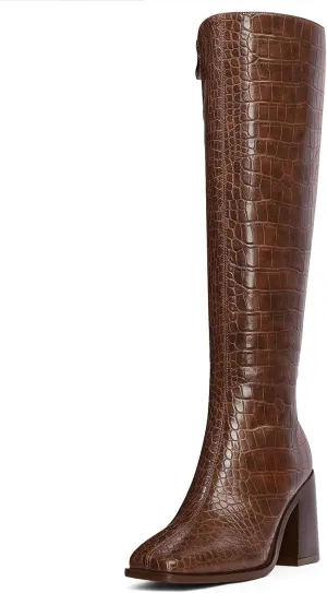 MUCCCUTE Brown Knee High Boots for Women - Faux Crocodile Boots Chunky Heel Square Toe Tall Boots Side Zipper GoGo Long Boot Pull On US Size 8.5