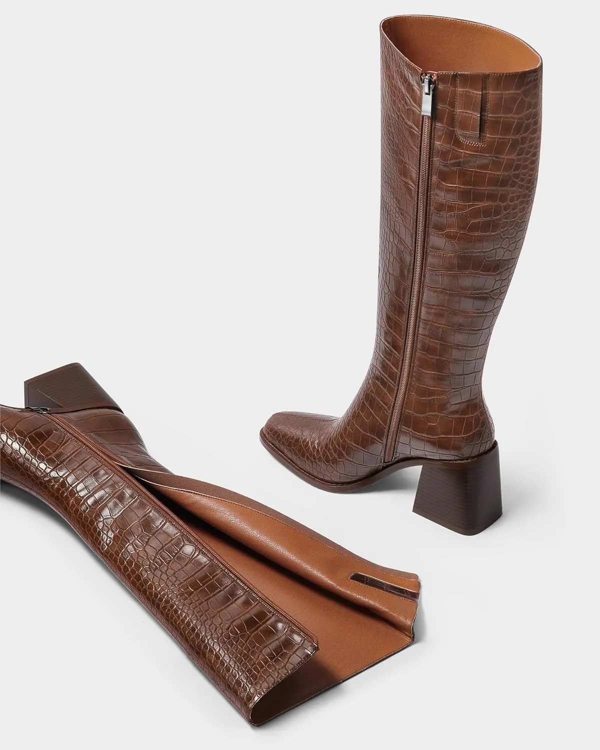 MUCCCUTE Knee High Boots Women - Faux Crocodile Boots Chunky Heel Square Toe Tall Boots Side Zipper GoGo Long Boot Pull On