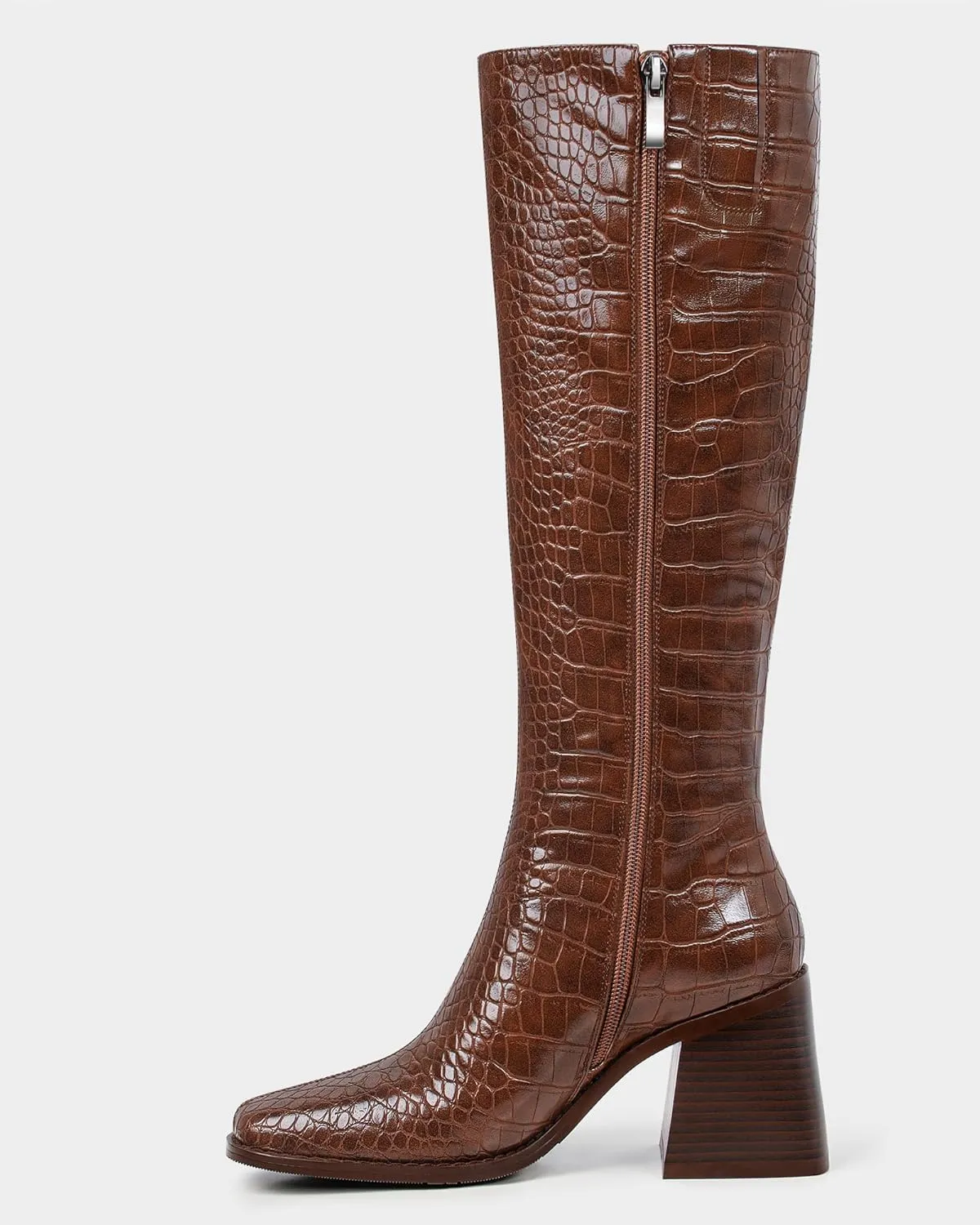 MUCCCUTE Knee High Boots Women - Faux Crocodile Boots Chunky Heel Square Toe Tall Boots Side Zipper GoGo Long Boot Pull On