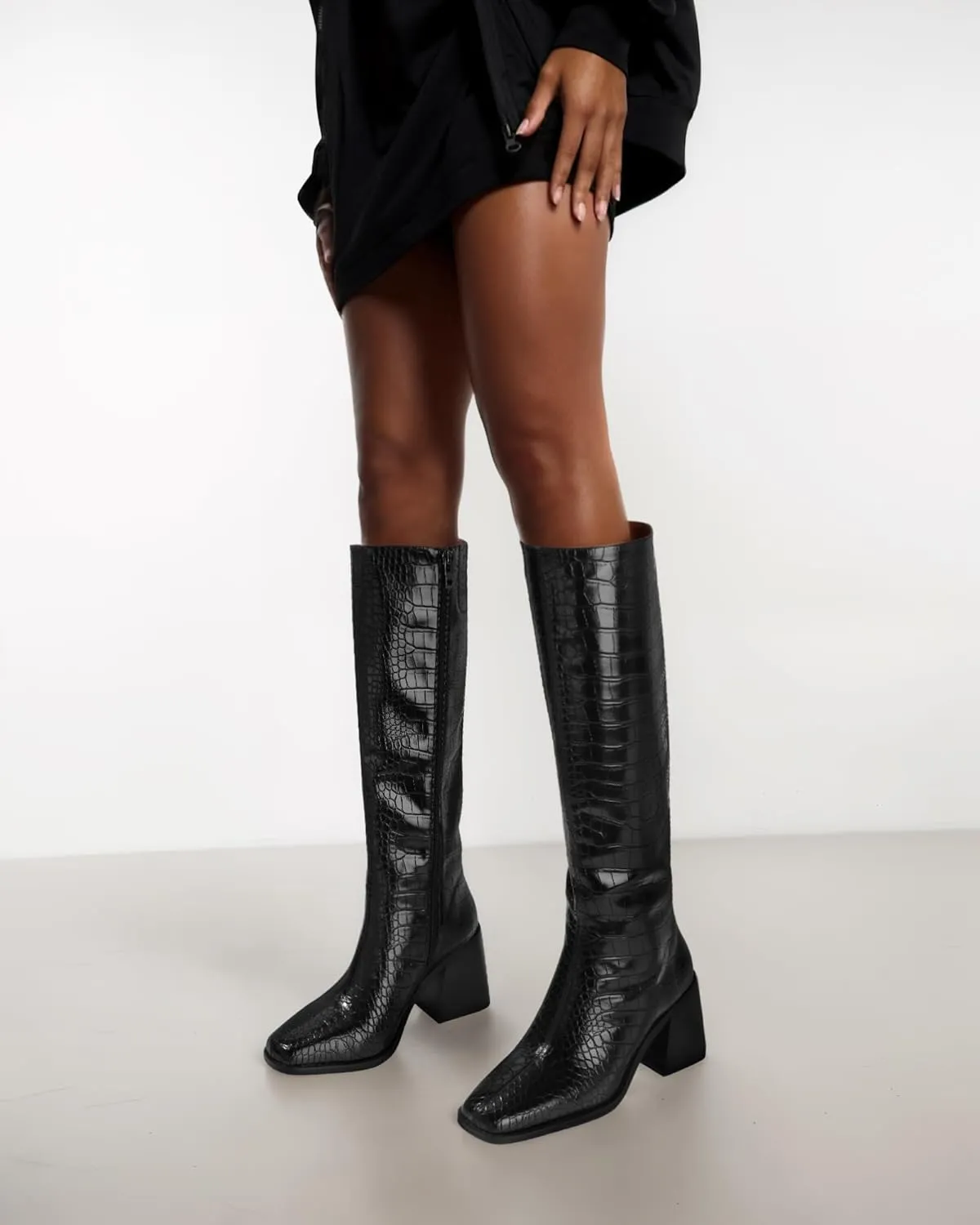 MUCCCUTE Knee High Boots Women - Faux Crocodile Boots Chunky Heel Square Toe Tall Boots Side Zipper GoGo Long Boot Pull On