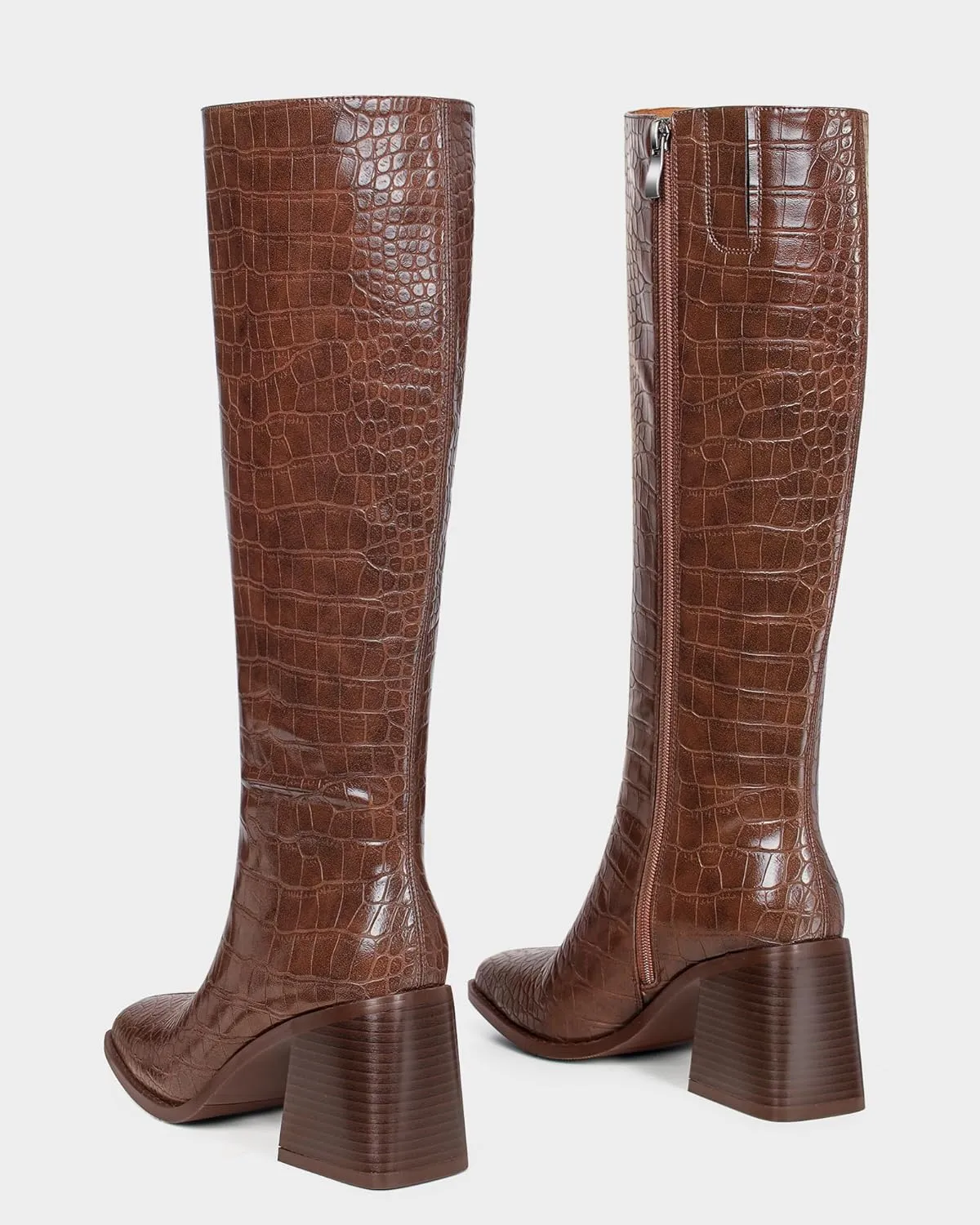 MUCCCUTE Knee High Boots Women - Faux Crocodile Boots Chunky Heel Square Toe Tall Boots Side Zipper GoGo Long Boot Pull On
