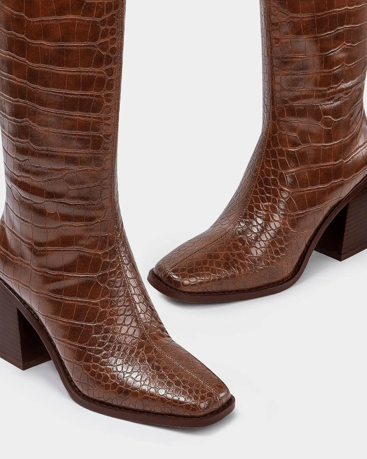 MUCCCUTE Knee High Boots Women - Faux Crocodile Boots Chunky Heel Square Toe Tall Boots Side Zipper GoGo Long Boot Pull On