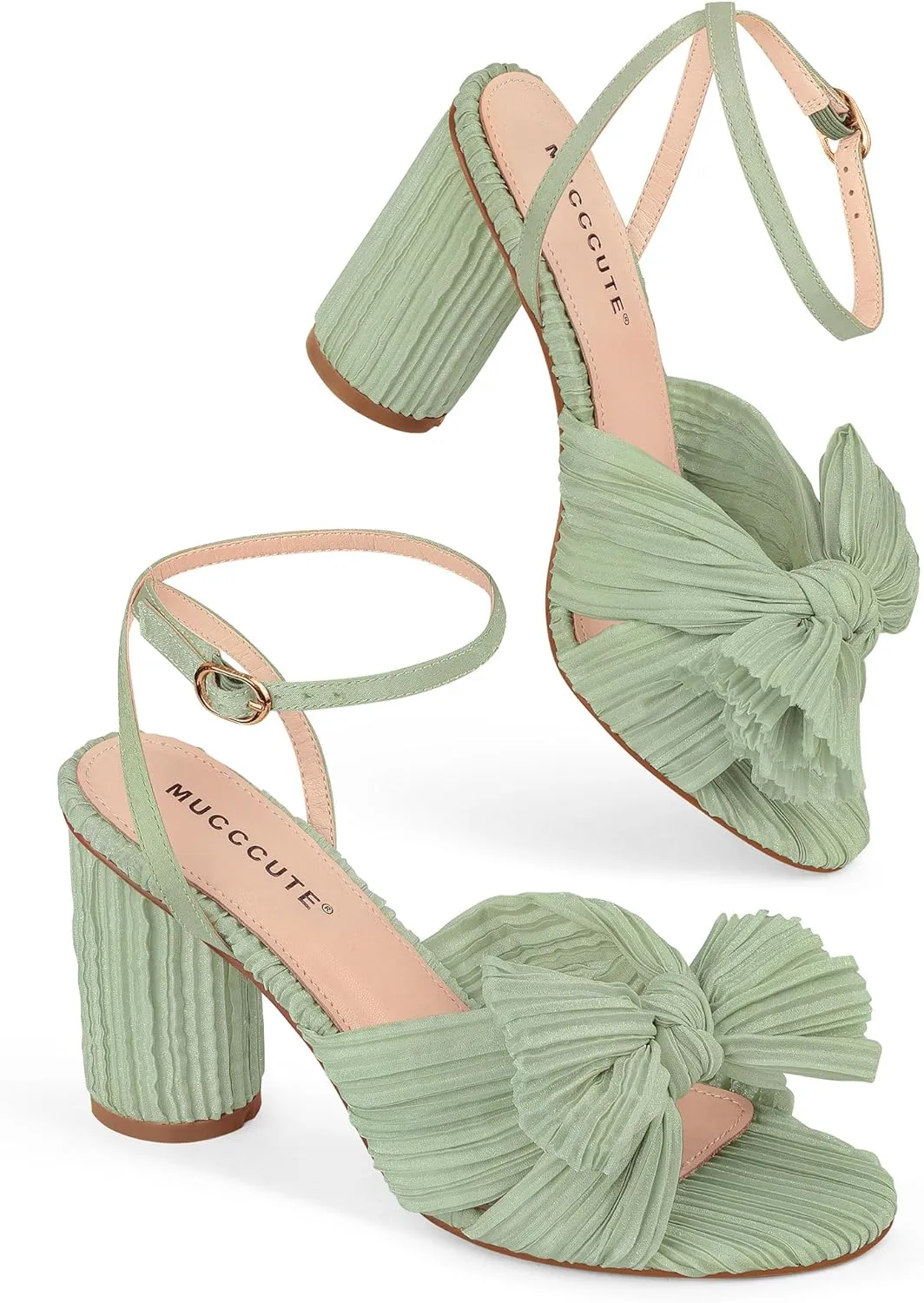 MUCCCUTE Women's Bow Knot Heeled Sandals Ankle Buckle Strap Chunky Heeled Open-toe Comfortable Wedding Party Fashion Heeled