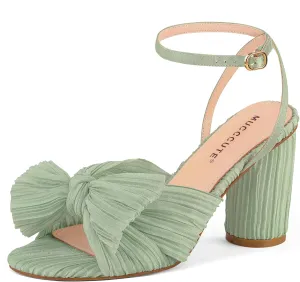 MUCCCUTE Women's Bow Knot Heeled Sandals Ankle Buckle Strap Chunky Heeled Open-toe Comfortable Wedding Party Fashion Heeled
