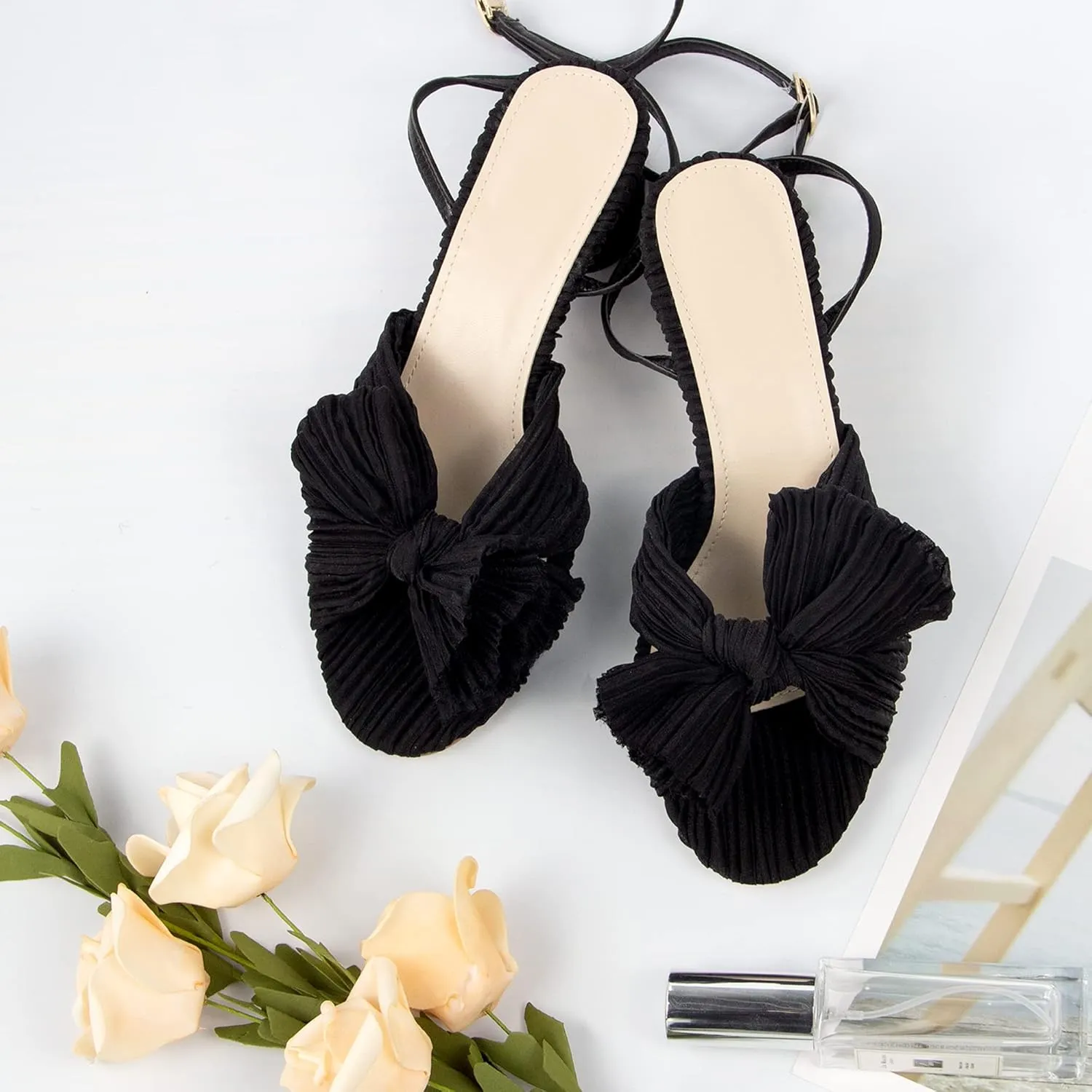 MUCCCUTE Women's Bow Knot Heeled Sandals Ankle Buckle Strap Chunky Heeled Open-toe Comfortable Wedding Party Fashion Heeled