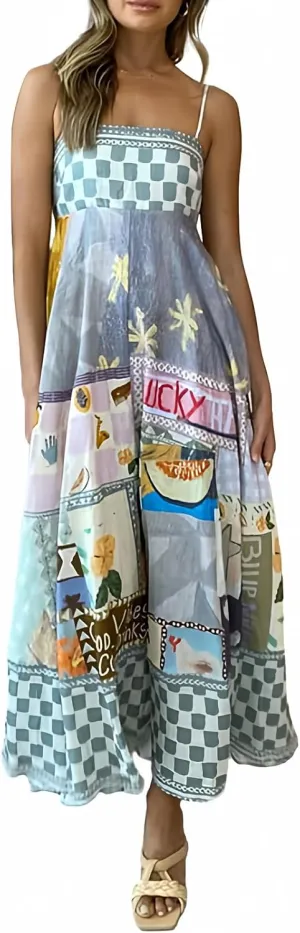 NUFIWI Women Boho Graffiti Cami Long Dress Graphic Spaghetti Strap Flowy Maxi Dress Square Neck Colorful A Line Sundress