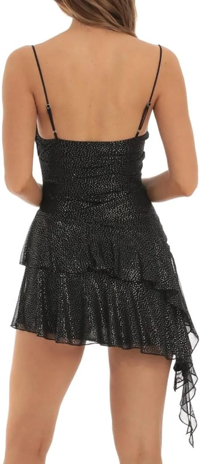 NUFIWI Women Sleeveless Ruffle Hem Mini Dress Low Cut Spaghetti Strap Short Dresses Slim Fit Summer Vocation Sundress