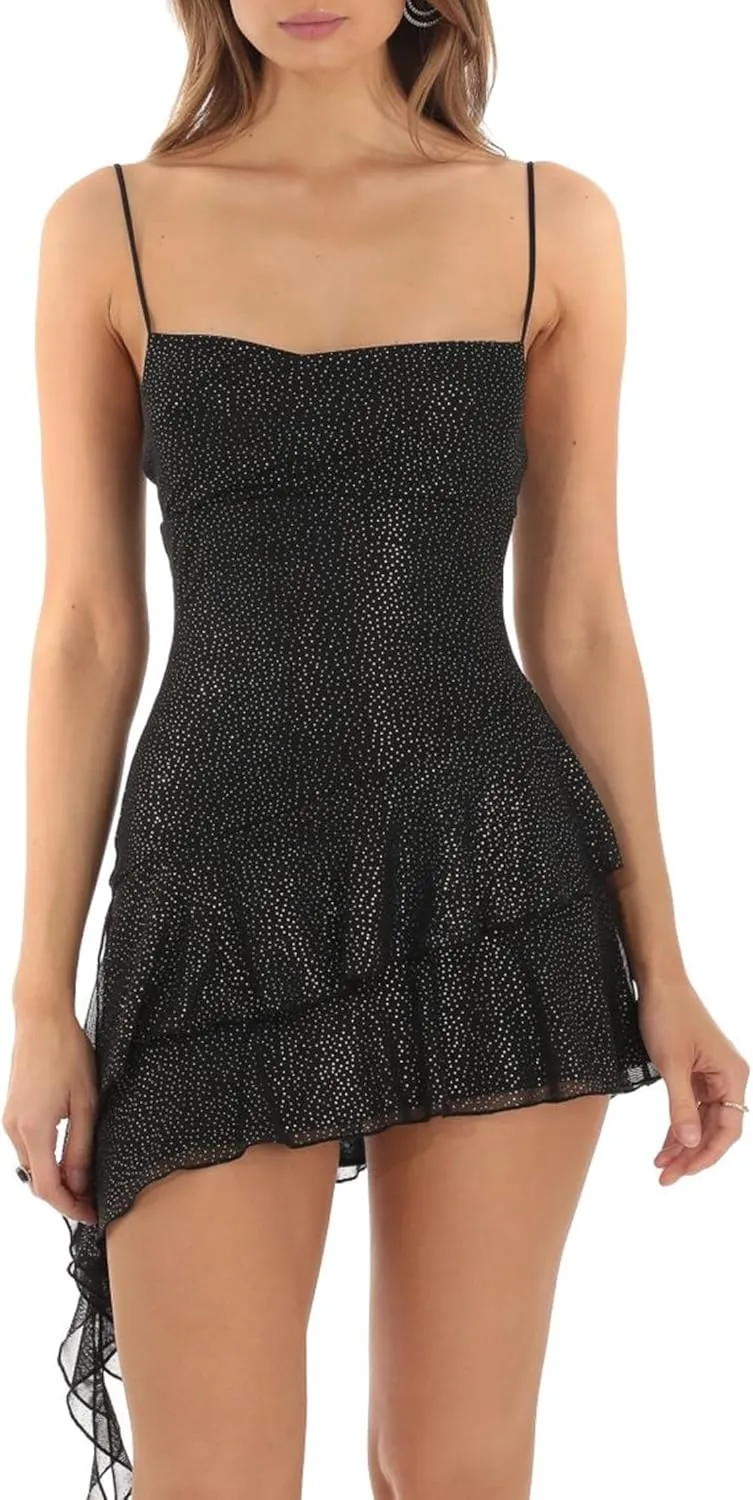NUFIWI Women Sleeveless Ruffle Hem Mini Dress Low Cut Spaghetti Strap Short Dresses Slim Fit Summer Vocation Sundress
