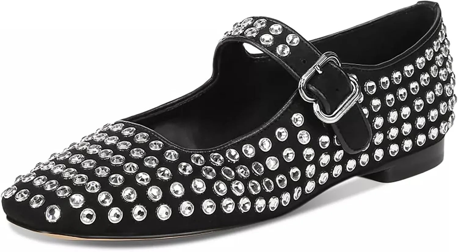 olomisa Rhinestones Ballet Flats for Women, Sparkly Mary Jane Flats Ballerina Square Toe Buckle Strap Shoes