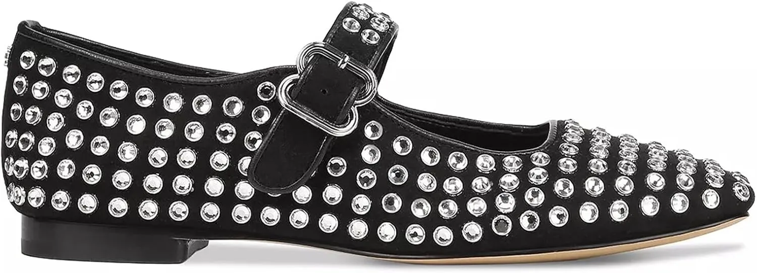 olomisa Rhinestones Ballet Flats for Women, Sparkly Mary Jane Flats Ballerina Square Toe Buckle Strap Shoes