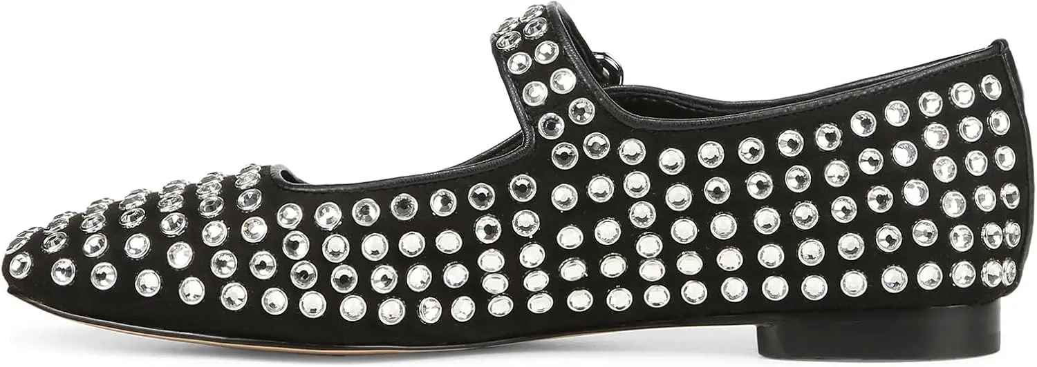 olomisa Rhinestones Ballet Flats for Women, Sparkly Mary Jane Flats Ballerina Square Toe Buckle Strap Shoes