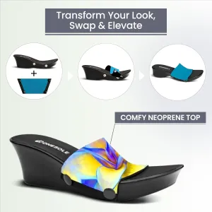 Onesole Black Elegance Blue Agave Blue Travel Kit, 2 Inch wedge lightweight Shoes, Interchangeable Blue Agave Leaves and Solid Turquoise comfy Tops, women's wedge Sandals, (Size 8)