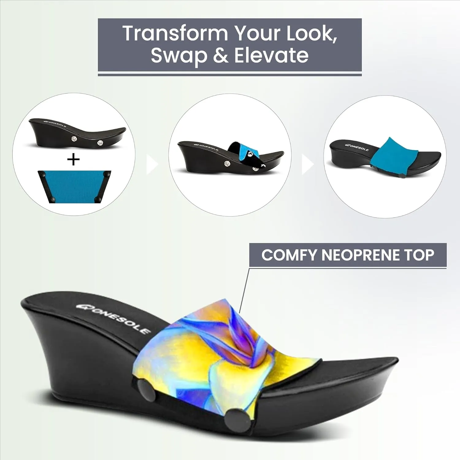 Onesole Black Elegance Blue Agave Blue Travel Kit, 2 Inch wedge lightweight Shoes, Interchangeable Blue Agave Leaves and Solid Turquoise comfy Tops, women's wedge Sandals, (Size 8)